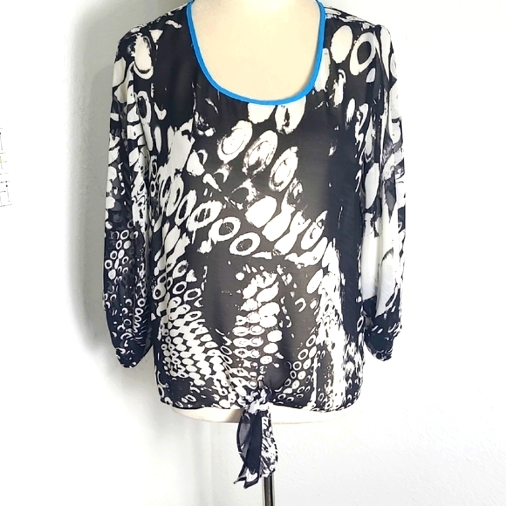 a.n.a. Black & White Patterned Sheer Top with Blue Trim,Ties at Waist Size Small